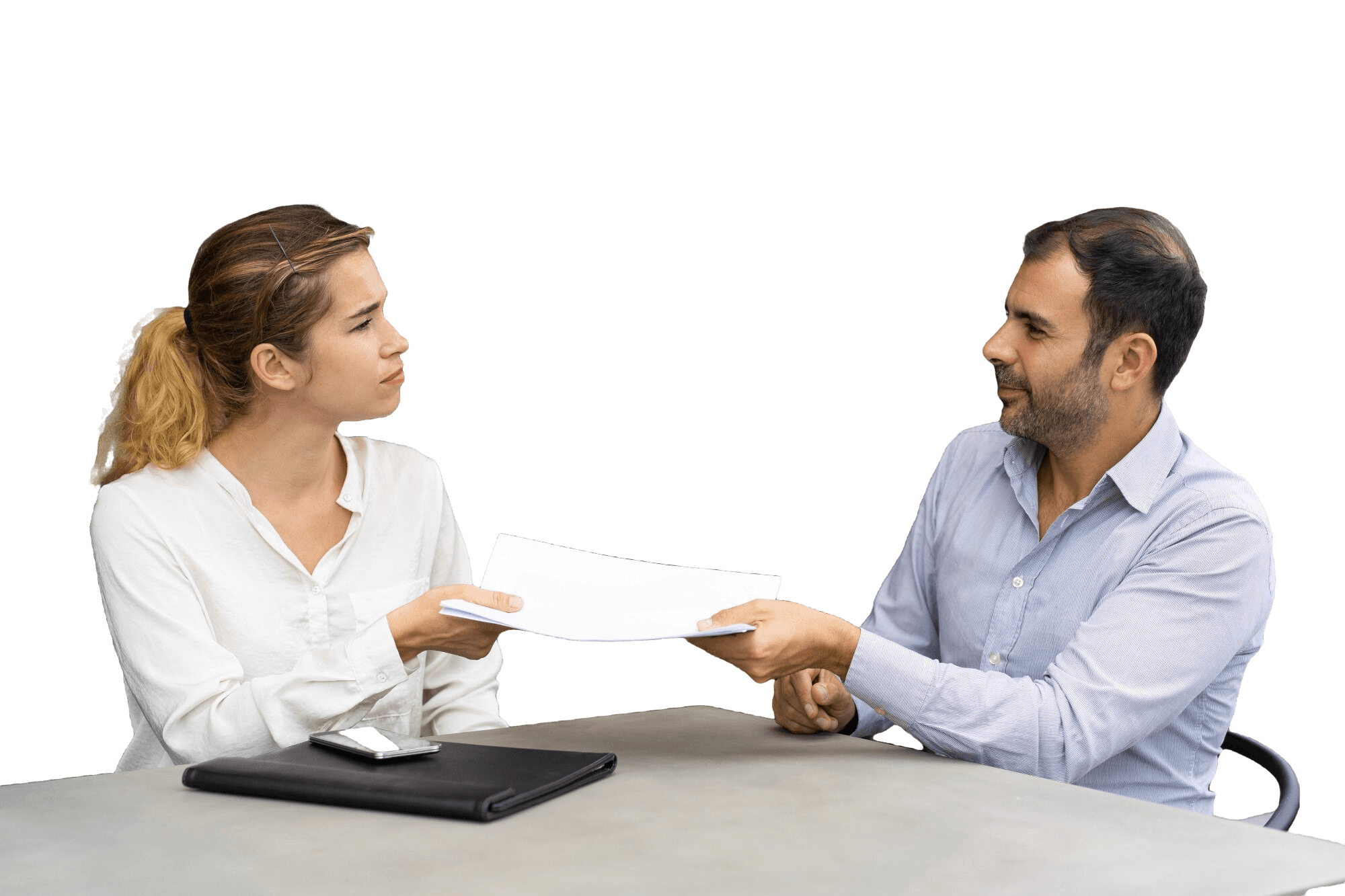 serious female client giving document financial consultant
