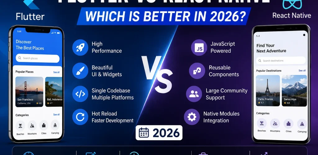 Flutter vs React Native comparison in 2026 showing performance, UI design, development speed, job opportunities, salary trends, and future scope for mobile app developers.